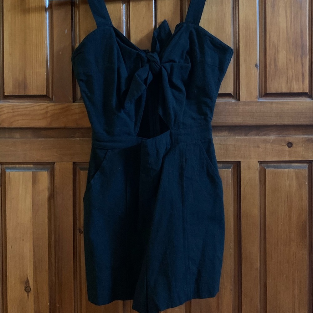 Super down black front tie romper